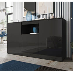 Buffet Bahut 3 portes pour salon ou salle à manger  Rangement  140 x 82 x 40 cm  Couleur Noir avec Finition Brillante  Nevada