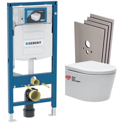 Pack WC Bati-support Geberit + WC Swiss Aqua Technologies sans bride + Plaque blanche + Set habillage (SATrimlessGeb1-sabo)