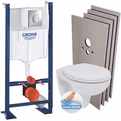 Caractéristiques du Pack WC Bâti autoportant avec Cuvette Porcher rimless + Abattant + Plaque chrome + Set Habillage (Project ...