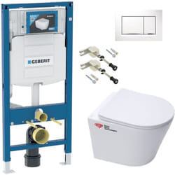 Pack WC Bati-support Geberit + WC Swiss Aqua Technologies sans bride + abattant SoftClose + plaque blanche (Geb SAT Infinitio-H)