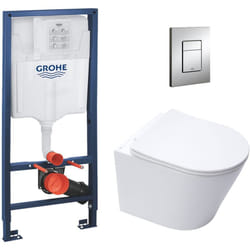 Grohe - Pack wc Bâti-support + Cuvette sat Infinitio sans bride blanc mat + Abattant frein de chute + Plaque Chrome