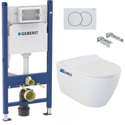 Pack wc Bati-support Geberit Duofix + Cuvette suspendue sans bride Livea Bello + Abattant soft close + Plaque Blanche (BelloGeb3