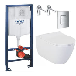 Grohe - Pack wc Bâti-support Rapid sl + wc sans bride livea Bello + Abattant softclose + Plaque Chrome (RapidSL-Bello-1)