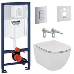 Grohe - Pack wc Bâti-support + wc suspendu Ideal Standard Tesi Aquablade + Abattant slim avec frein de chute + Plaque Arena Chrome