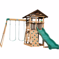 Backyard Discovery Lightning Ridge Aire de Jeux en Bois Aire de Jeux Extérieur avec Double Balançoire/Toboggan/Mur d'escalade, Balancoire Exterieur