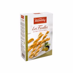 Kambly Les Ficelles, Craquelins salés, Olive, Flûtes, Gluten, Lait, 459 kcal, 1926 kJ