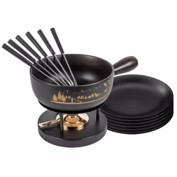 KUHN RIKON Set à fondue au fromage Panorama des Alpes noir Ø 23 cm avec assiettes, 2,6 L, Noir, 6 personne(s), Rond, Argile,  ...