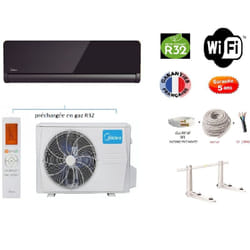 Pack Climatiseur réversible Mono-split Midea pure glass 3500w 35m2 + kit 15 mètres de pose complet wifi integre a+++