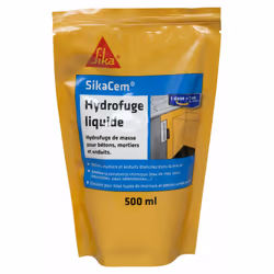 Description générale Cet hydrofuge de masse pour béton et mortier SikaCem est conçu pour rendre les bétons, mortiers et endui ...