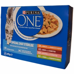 8 sachets de 85 g pour Chat Stérilisé au Bœuf, au Poulet, au Saumon et à la Dinde Purina ONE Aide à soutenir l'équilibre du m ...