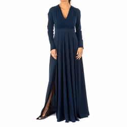 Robe longue femme manches longues col V KWD005-Bleu marine