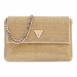 Pochette - GUESS - Zalina Mini Flap Clutch - Beige - Doré - Sac de soirée avec cordon amovible