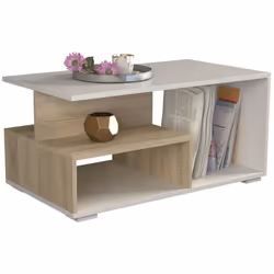 Description générale Table basse en panneau laminé solide avec une tablette supplémentaire pour les objets du quotidien. Idéa ...
