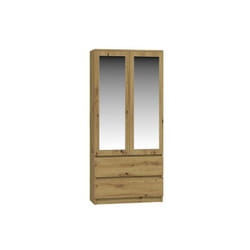 TURIN - Armoire 2 portes avec miroir style moderne chambre à coucher - 90x50x180 - 2 tiroirs - Chêne