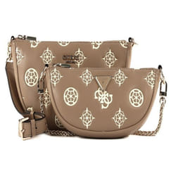 GUESS Sac à épaule bandoulière beige crème pour femme - Deesa Logo Saddle Double Pouch Crossbody Taupe Logo 255385