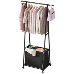 Portemanteau triangulaire mobile avec panier à linge sale sur roulettes, noir