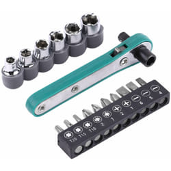 Combinaison 17 pièces : clé à cliquet verte + douille 6 pièces + embout 10 pièces.