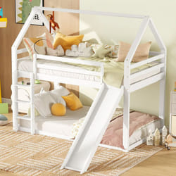 Lit superposé enfant cabane 90 x 200 cm en pin avec toboggan et échelle, blanc