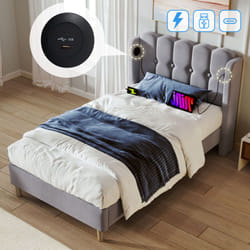 Hommoo - Lit adulte Lit adolescent capitonné 90 x 200 cm avec chargement usb Type c et sommier à lattes, lin, gris
