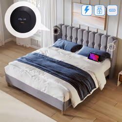 【Tête de lit en panneau design】 Le lit et la tête de lit sont recouverts de tissu en velours rose pour donner une sensation c ...