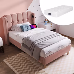 【Tête de lit en panneau design】 Le lit et la tête de lit sont recouverts de tissu en velours rose pour donner une sensation c ...