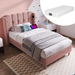 Lit adulte Lit adolescent capitonné 90 x 200 cm avec chargement usb Type c et sommier à lattes, velours, rose, matelas inclus