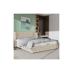 Lit coffre 160x200 cm Lit adulte capitonné beige en forme d'oreiller, fond de lit en non-tissé imperméable noir, sans matelas