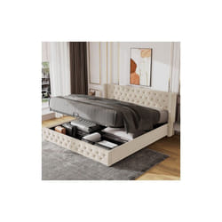 Lit coffre 180x200 cm Lit adulte capitonné beige en forme d'oreiller, fond de lit en non-tissé imperméable noir, sans matelas