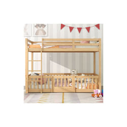 Lit superposé enfant 90x200 cm, cadre de lit superposé en bois avec escalier, clôtures et portes, lit au sol, naturel, sans matelas