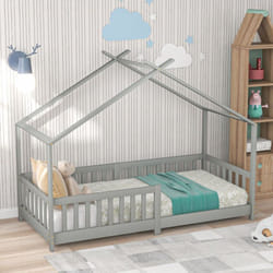 Lit cabane enfant 90 x 200 cm avec clôture et sommier à lattes, avec protection antichute, gris, sans matelas