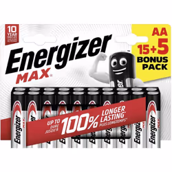 Lot de 15 + 5 piles alcaline AA Max, 1.2 V, ENERGIZER
