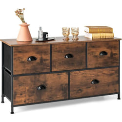 Commode Meuble de Rangement avec 5 Tiroirs Non-Tissés 100 x 30 x 54 cm Cadre en Métal Surface en mdf Marron Rustique&Noir - Costway