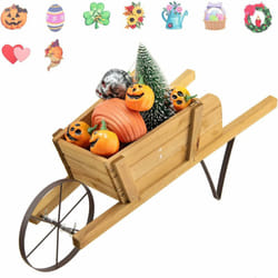 Costway - Brouette à Fleurs Jardinière en Bois, Jardinière de Jardin à Roues avec 9 Accessoires Magnétiques 2 Longues Poignées, pour Jardin Terrasse