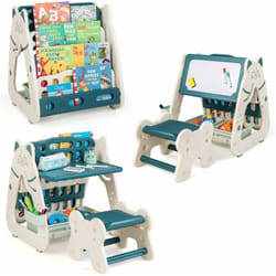 Costway - 3 en 1 Table Enfant/Chevalet Enfant Magnétiqueavec Tabouret Réglable en Hauteur, Bibliothèque Enfant avec Tableau Effaçable à Sec, 2 Boîtes