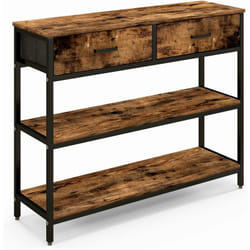 Table de Console Industrielle à 3 Niveaux avce 2 Tiroirs Pliables en Tissu, Meuble d'Entrée Cadre en Métal avec 2 Kits Anti-basculement, Marron