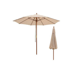 Costway - Parasol de Jardin Pliable 2,83M avec Mécanisme de Poulie à Corde Poteau en Bois 8 Baleines en Fibre de Verre pour Cour, Beige