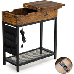 COSTWAY Table d'Appoint avec Prise d’Alimentation, Dessus Rabattable, Pochette en Tissu 60 x 30 x 58,5 cm Marron Rustique et Noir