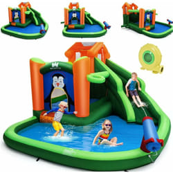 Costway - Château Gonflable avec Toboggans Aquatiques, Aire de Jeux Gonflable Piscine avec Motif de Pingouin, Canon à Eau, Panier de Basket-Ball 3 à