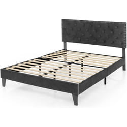 COSTWAY Lit Double avec Tête de Lit 180x200 cm, Cadre de Lit Plateforme Tapissé avec Tête de Lit à Dossier, Sommiers à Lattes en Bois, Lit Rembourré