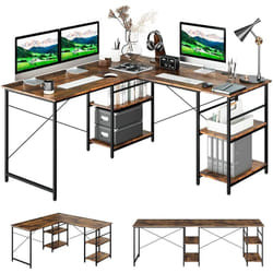 Bureau d'Angle - 151 x 151 x 75 cm - Ajustable à Bureau Droit,4 Etagère de Rangement,Grand Table pour 2 Personnes Marron - Costway