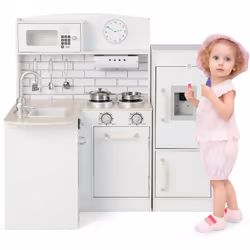 Caractéristiques: Comprend 1 cuisinière, 1 évier avec robinet, 1 réfrigérateur latéral, 1 distributeur d’eau réaliste et 1 ho ...