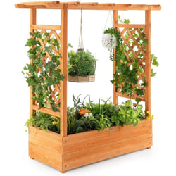 Costway - Jardinière avec 2 Treillis Latéraux Toit Suspendu en Bois de Sapin avec Trou de Drainage, Lit de Jardin pour Plante Grimpante Résistance