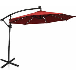 Costway - Parasol Déporté Exterieur Lumières led Solaires 3M, Parasol de Marché à 8 Côtes en Aluminium, Réglages d'Inclinaison Rotation, Manivelle,