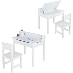 Costway - Bureau en Pin pour Enfants avec Tabouret & Plateau Rabattable, Table d'Art Polyvalent avec Rouleau de Papier, Espace Caché, Poignées