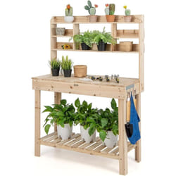 Banc de Rempotage avec 2 Etagères, Dessus de Table Ouvrable, 3 Crochets Latéraux en Bois Extérieur Charge 150 kg - Costway