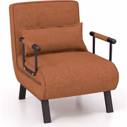 Fauteuil Convertible à Lit 1 Place, Fauteuil de Salon 4-en-1, Dossier Réglable en 6 Positions avec Oreiller Marron - Costway
