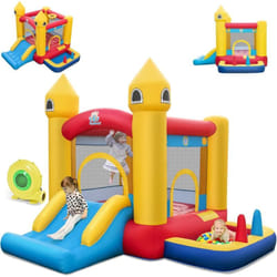 Costway - Château Gonflable 6 en 1 Enfants avec Souffleur 480W, Maison de Saut Gonflable en Tissu Oxford avec Piscine à Balles, Panier de Basket,