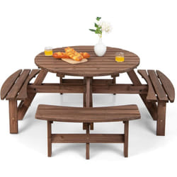 Ensemble de Table et 4 Bancs de Jardin, 8 Personnes en Sapin Verni, Table de Pique-Nique avec Trou de Parasol - Costway