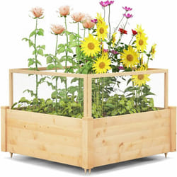 COSTWAY Jardinière Surélevée en Bois de Sapin 107 x 107 x 80 cm, Lit de Jardin avec Clôture Grillagée Contre Le Vandalisme Animal et Grille de