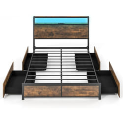 Costway - Cadre de Lit Double 140x200cm avec Sommier, Lit avec Éclairage led et Prise de Courant, usb et 1 Type c, Sommier en Métal avec 4 Tiroirs
